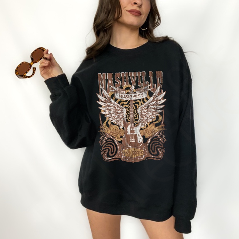 🚨 SALE 🚨 Distressed Nashville Music City Graphic Crewneck Sweatshirt